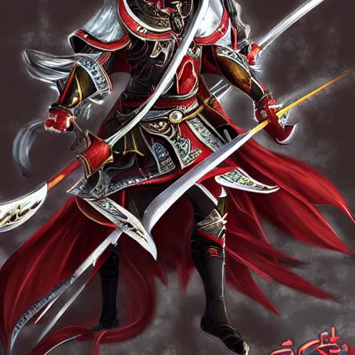 Image similar to lu bu from dynasty warriors, artstation hall of fame gallery, editors choice, #1 digital painting of all time, most beautiful image ever created, emotionally evocative, greatest art ever made, lifetime achievement magnum opus masterpiece, the most amazing breathtaking image with the deepest message ever painted, a thing of beauty beyond imagination or words