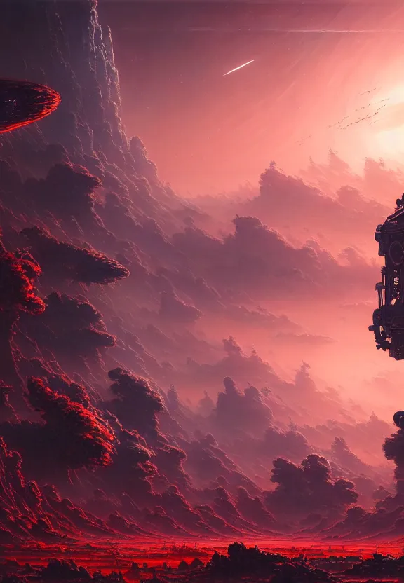 Image similar to ultra realist intricate detailed landscape painting of an alien world, red sky with mech buildings and cyborg tech, symmetry accurate features, very intricate details, bokeh focus, 8k render, artstyle Hiraku Tanaka and Tom Bagshaw, award winning