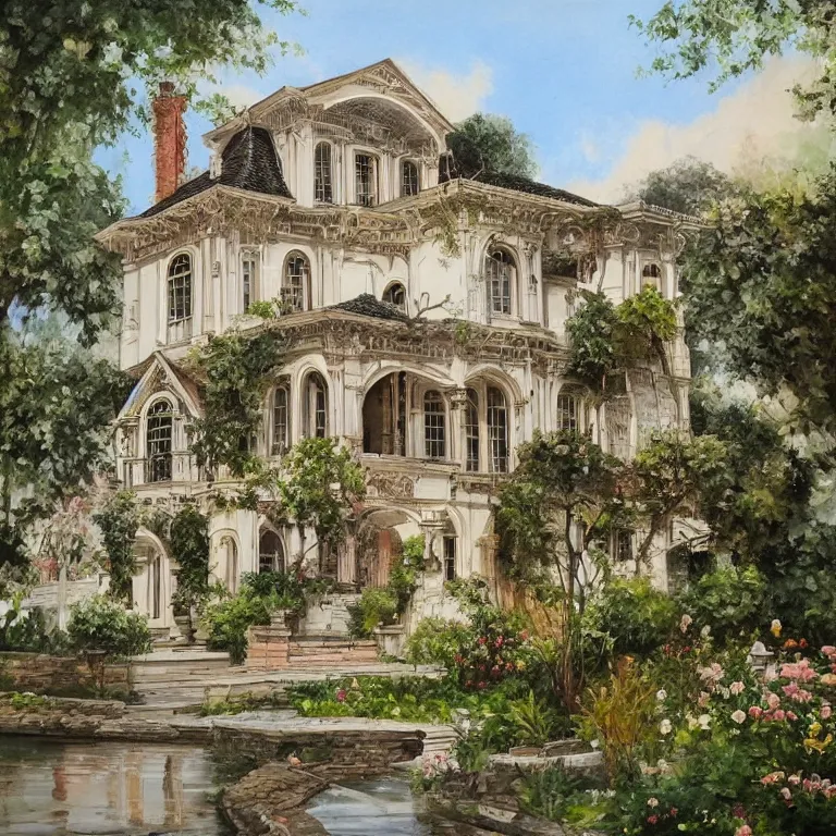 Image similar to a beautiful painting of a beautiful house with beautiful architecture and various architectural inserts architectural heritage with a beautiful delightful garden, highly detailed