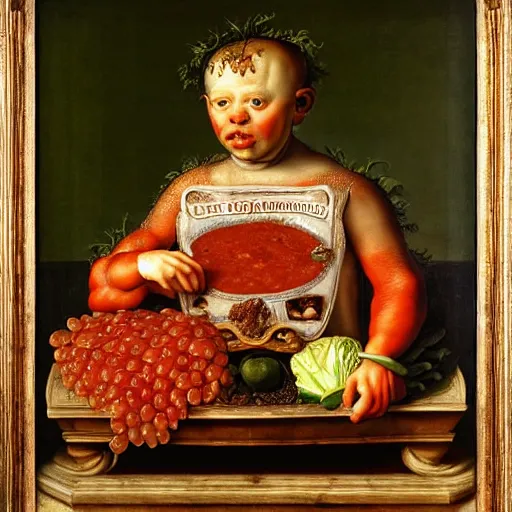 Image similar to a boy sitting in a tub full of tomato sauce, a lot of cabbage, by giuseppe arcimboldo and ambrosius benson, renaissance, portrait, fruit, intricate and intense oil paint, realistic