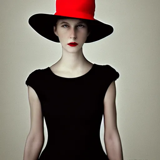 Image similar to half - length portrait of girl in a red hat and black dress, fine art portrait photography by paolo roversi, volumetric lighting, very detailed, high resolution,