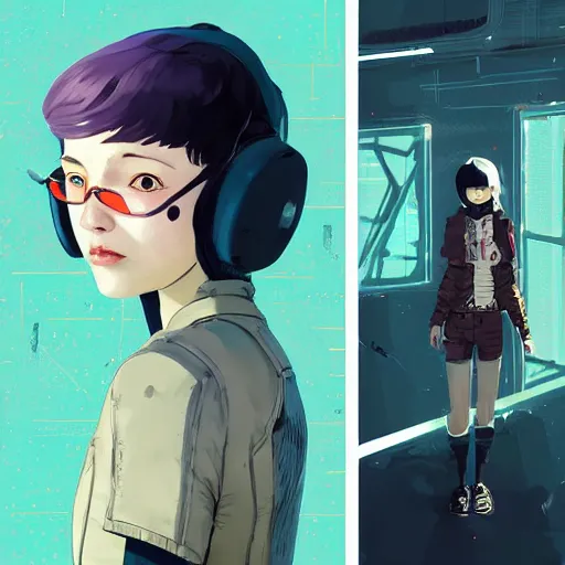 Image similar to Highly detailed portrait of a cyberpunk young lady with, freckles and wavy hair by Atey Ghailan, by Loish, by Bryan Lee O'Malley, by Cliff Chiang, by Goro Fujita, inspired by image comics, inspired by graphic novel cover art, inspired by nier!! Gradient color scheme ((grafitti tag brick wall background)), trending on artstation