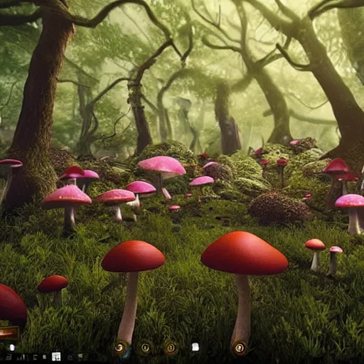 Image similar to a forest of magic mushrooms, trending on artststion, by unreal engine. hyperdetailed, realistic, psychedelic, night