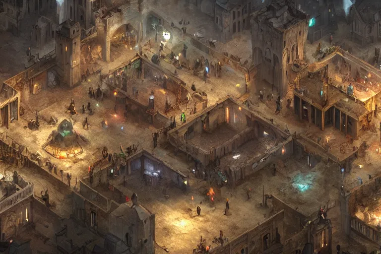 Prompt: an intricate matte painting of An epic stronghold crusader busy marketplace screenshot, highly detailed iridescent dimly lit exterior with shafts of iridescent light bouncing off magical realms, by Sandra Chevrier, trending on artstation
