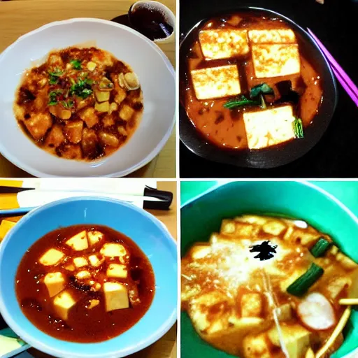 Image similar to mapo tofu cartoon, anime food, studio ghibli food!!!!!