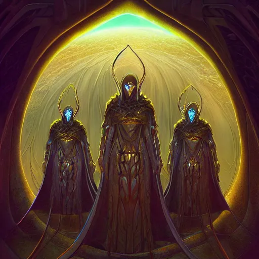 Prompt: a quantum computer surrounded by a dark cabal of hooded elven mystics gathered in a circular formation, michael whelan art, dan seagrave art, cgsociety, artstation, epic scifi fantasy art