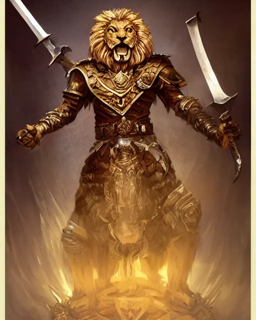 Prompt: Lion, Anthropomorphized, as warlord general on skull throne, holding sword, magic the gathering artwork, D&D, fantasy, cinematic lighting, centered, symmetrical, highly detailed, digital painting, artstation, concept art, smooth, sharp focus, illustration, volumetric lighting, epic Composition, 8k, art by Akihiko Yoshida and Greg Rutkowski and Craig Mullins, heroic pose, oil painting, cgsociety, Battlefield background, explosions, arrows