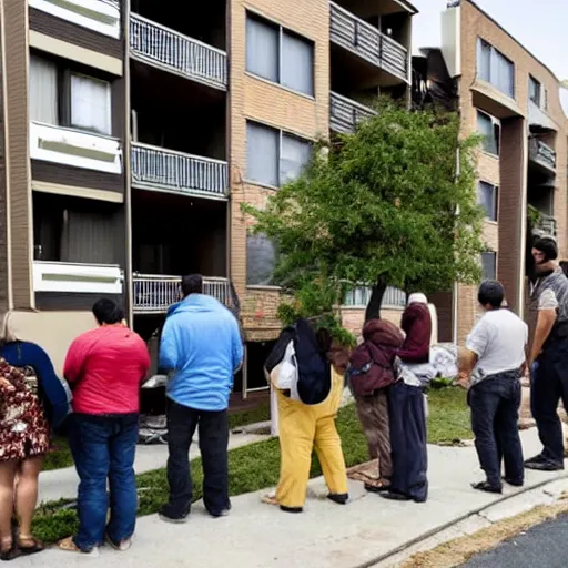 Prompt: prospective renters line up to see an apartment that already burned down