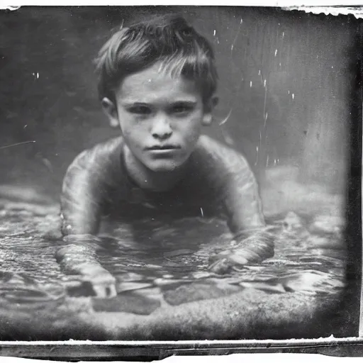 Prompt: tintype photo, swimming deep underwater, kid with huge beast