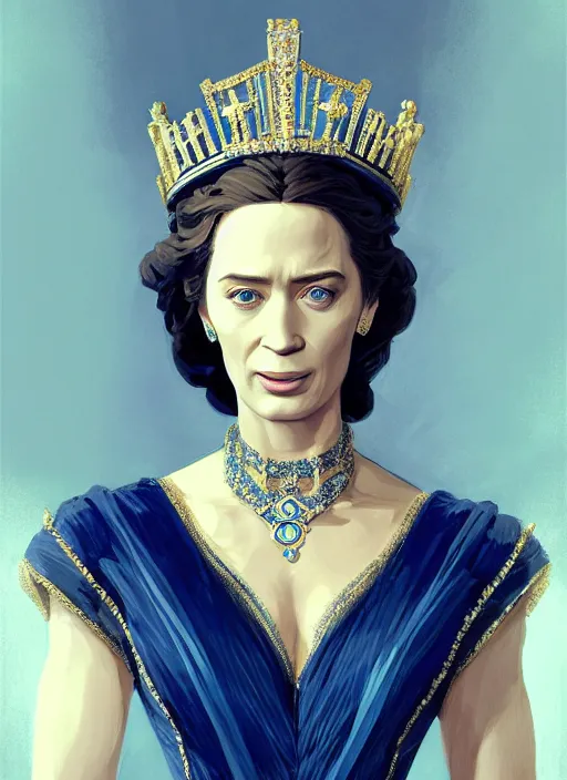 Image similar to portrait of emily blunt as arrogant queen, jewelry, greek, sapphire, victorian age, 1 8 9 0, intricate, headshot, key visual, conceptart, ambient lighting, highly detailed, digital painting, artstation, concept art, sharp focus, by makoto shinkai and akihiko yoshida and greg manchess