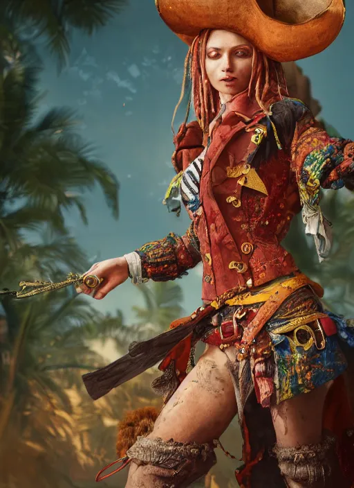 Image similar to detailed full body oil painting of a woman pirate in intricately colored clothing, octane render, sss, postprocessing, 4k, cinematic lighting, unreal engine, insanely detailed and intricate