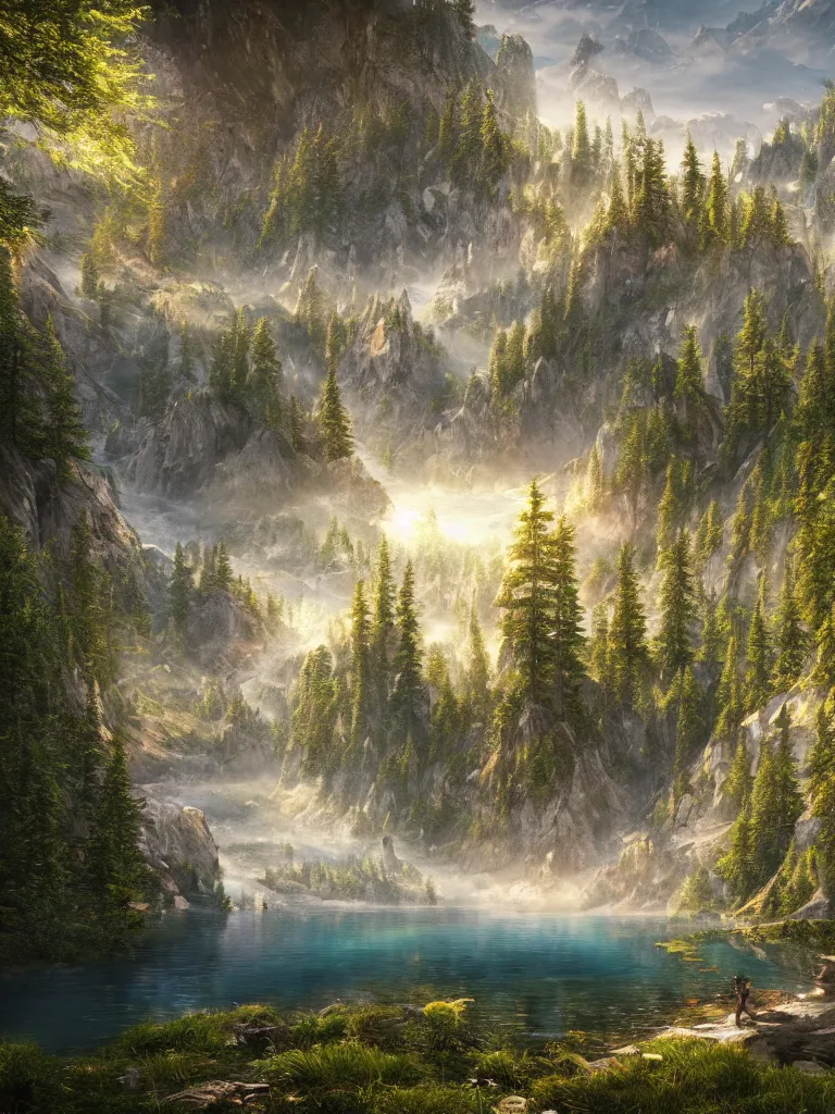 Image similar to a epic view of a mountainous lake, forest, flowers, concept art, trending on, very detailed, unreal engine, 4 k, photoreal, volumetric lighting, light rays, epic composition, warm colors, angelic