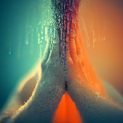 Image similar to a blurry closeup picture of hands around neck, dripping wet, no face, macro photography, long exposure photograph, surrealism, anamorphic bokeh, cozy, soft light, cyan and orange, caustic, atmospheric fog, octane render, cinematic