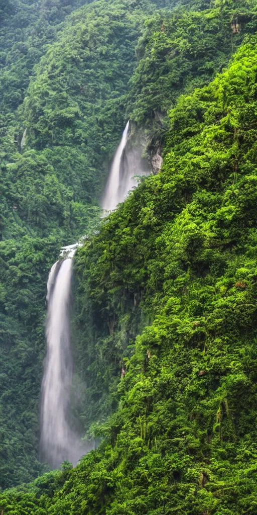 Image similar to a Cloudy peak in southern China with one waterfall, the style of National Geographic magazine