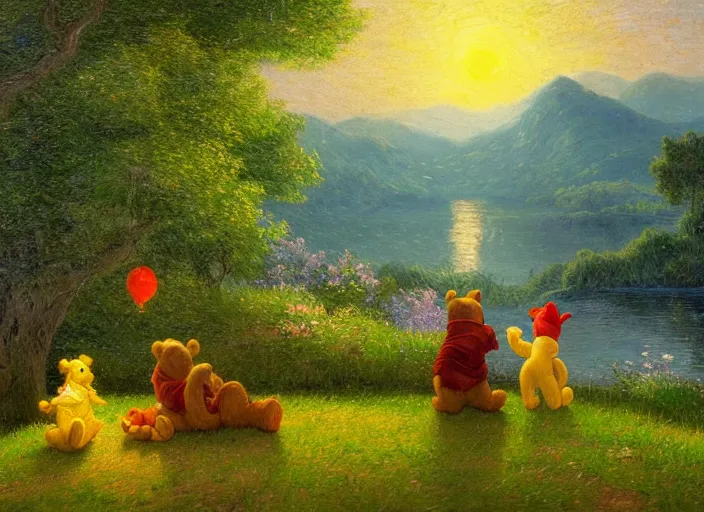 Image similar to romanticism impressionism landscape painting of winnie the pooh characters at night, night time, paper lanterns, string lights, in the style of hudson river school and thomas cole and albert bierstadt and vincent van gogh