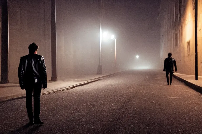 Image similar to blurred movie shot of young man from back pacing lowering head dressed in short leather bomber jacket to empty narrow alley with street lamps in park with pines to the horizon, with hands in pockets, snowfall at night, mullet long haircut, black hairs, cinematic, dramatic, detailed, realistic, movie shot, low greenish lighting