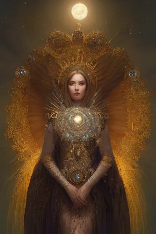 Image similar to A beautiful digital painting of a female Seraphim full of jewels, princess, the moon behind her, intricate, cinematic lighting, highly detailed, digital painting, Artstation, concept art, smooth, sharp focus, illustration, art by Tom Bagshaw, Artgerm and Greg Rutkowski