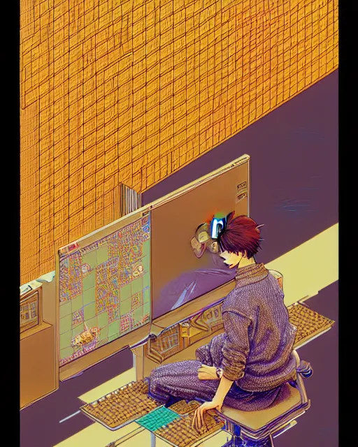 Prompt: hyper detailed illustration of a boy sitting in front of a computer and playing 3 d tetris, intricate linework, lighting poster by moebius, ayami kojima, 9 0's anime, retro fantasy