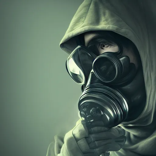 Prompt: an intricate photograph of a man wearing hoodie and gas mask holding a coffeet mug, ultra detailed, highly detailed, cinematic lighting, Artstation, 8k, portrait, concept art, hyper realistic, cgsociety