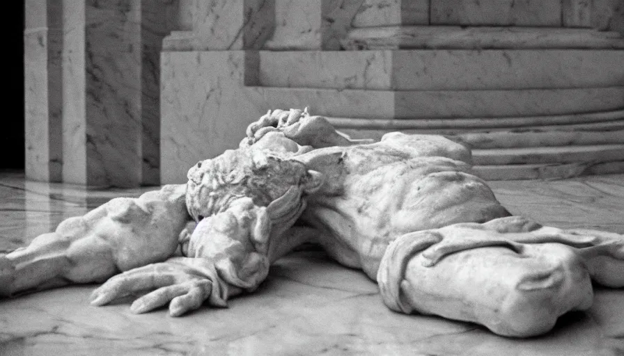 Prompt: 1 9 6 0 s movie still close - up of chrysippus in a hysterical laugh on the floor in a neoclassical marble room, cinestill 8 0 0 t 3 5 mm, high quality, heavy grain, high detail, texture, dramatic light, anamorphic, hyperrealistic, detailed beard