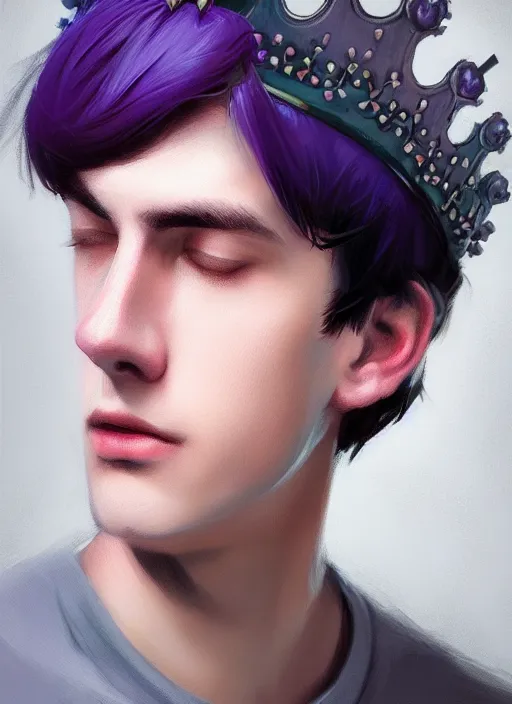 Image similar to portrait of teenage jughead jones wearing a light grey crown, photorealistic, crown, purple shirt, eyes closed, crown, black hair, intricate, elegant, glowing lights, highly detailed, digital painting, artstation, concept art, smooth, sharp focus, illustration, art by wlop, mars ravelo and greg rutkowski