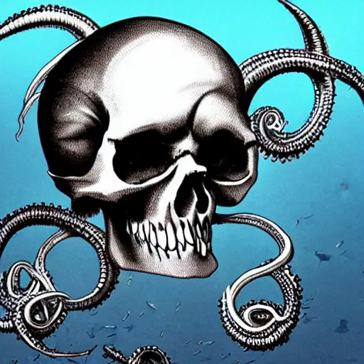 Prompt: skull of a pirate with tentacles protruding out at the bottom of the ocean