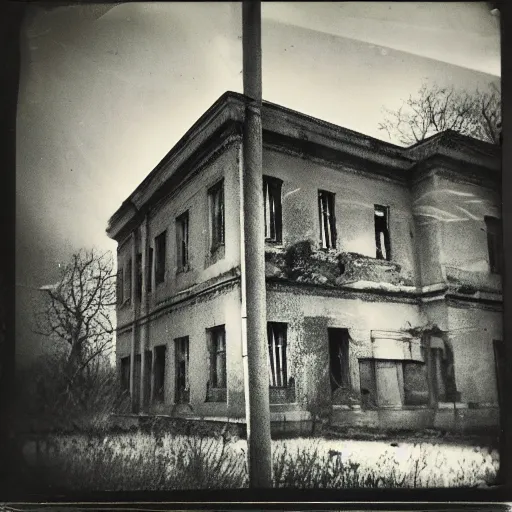 Image similar to polaroid photo of abandoned asylum with ghosts, scary, moody, dark, gloomy, paranoid