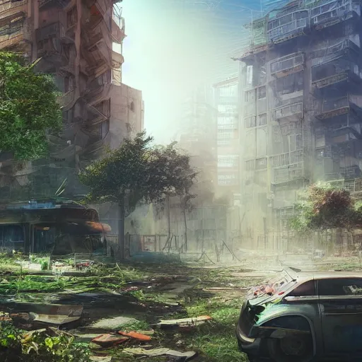 Prompt: A post-apocalyptic city swept by disaster, tall destroyed buildings with plants, an enormous cherry tree blossoming in the middle, biopunk, realistic, digital art, lens flare,