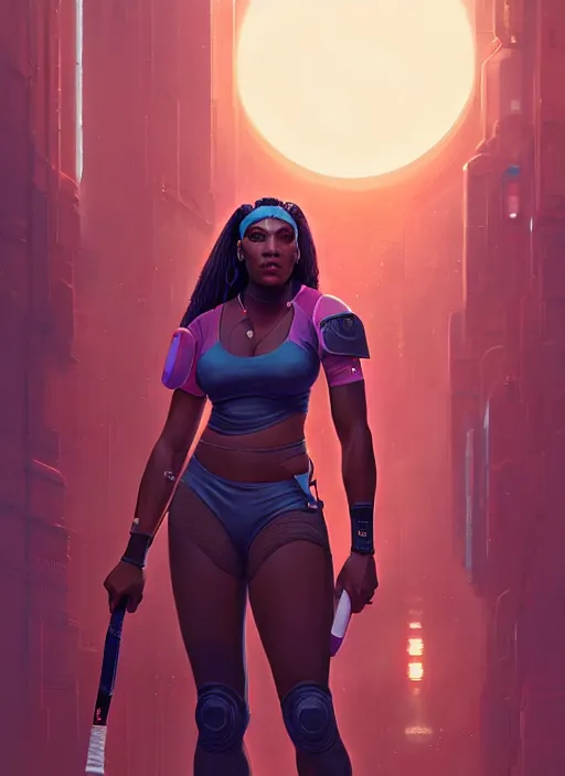 Image similar to highly detailed portrait of cyberpunk serena williams in sci - fi tennis armor, unreal engine, fantasy art by greg rutkowski, loish, rhads, ferdinand knab, makoto shinkai and lois van baarle, ilya kuvshinov, rossdraws, tom bagshaw, global illumination, radiant light, detailed and intricate environment