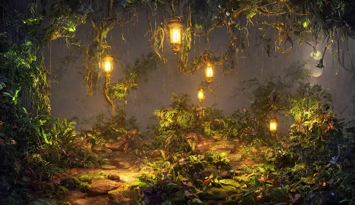 Image similar to jungle, path, lanterns, stars, torches, fireflies, bioluminescence, fire, fog, insane details, intricate, elite, ornate, elegant trend, highly detailed and intricate, sharp focus, photography, unreal engine, trending on artstation, photorealistic, octane, hyper detailed, trending on deviantart,