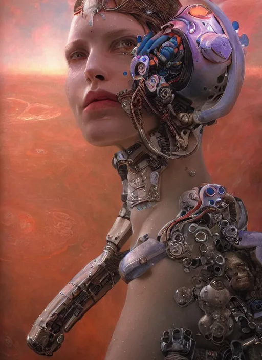 Image similar to biblical cyborg girl, glowing veins subsurface scattering, deep sea of planet jupiter, underwater photography, by gerald brom, by mikhail vrubel, by peter elson, muted colors, extreme detail, trending on artstation, 8 k