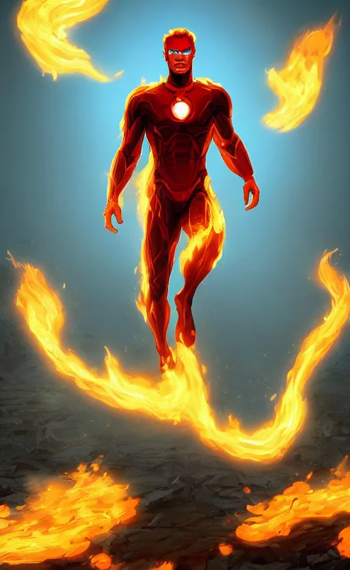 Image similar to human torch, highly detailed, digital painting, artstation, standing, flames around body, facing forward, concept art, smooth, sharp focus, illustration, art by arthur adams and ross tran, in the style of krenz cushart and ilya kuvshinov, 3D render, Octane render + unreal render, high definition, 8k, volumetric lighting