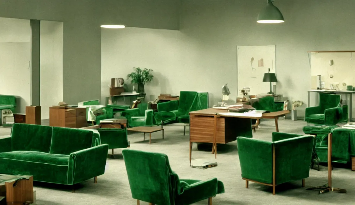 Image similar to a still of severance series indoor 7 0 s green velvet and wood with metal furniture office scenario appearing in a film of jacques tati