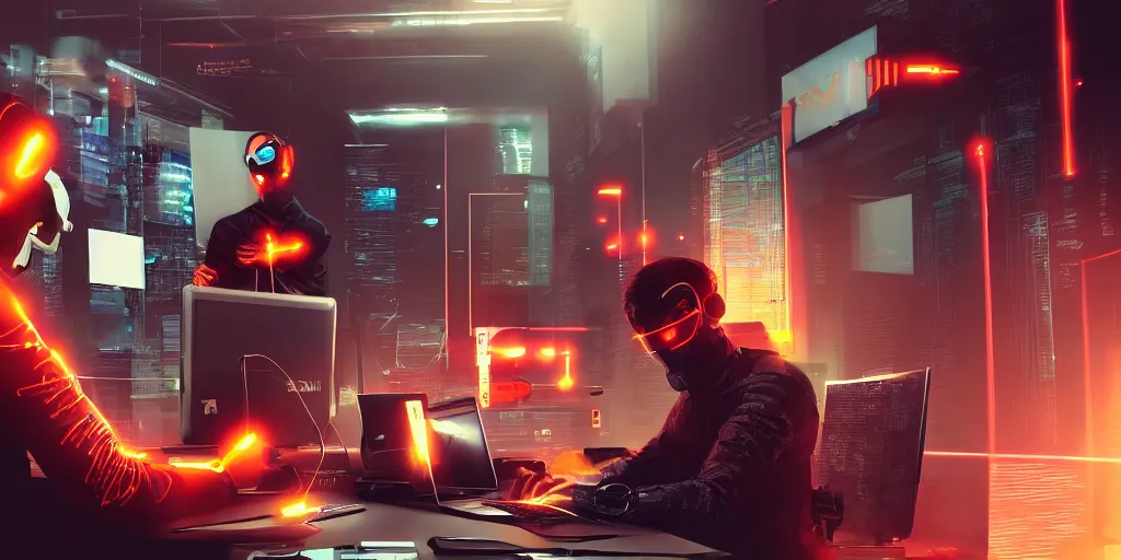 Prompt: 3 gards in an office hacking into a computer using a laptop, matrix style falling orange text in the background, cyberpunk, artstation