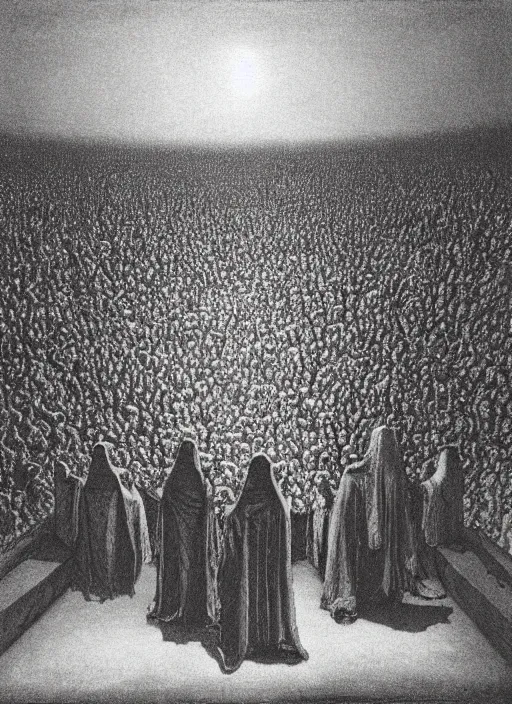 Image similar to a large amount of cultist followers gathered in front of a cult leader's stage, view from stage, in the style of beksinski