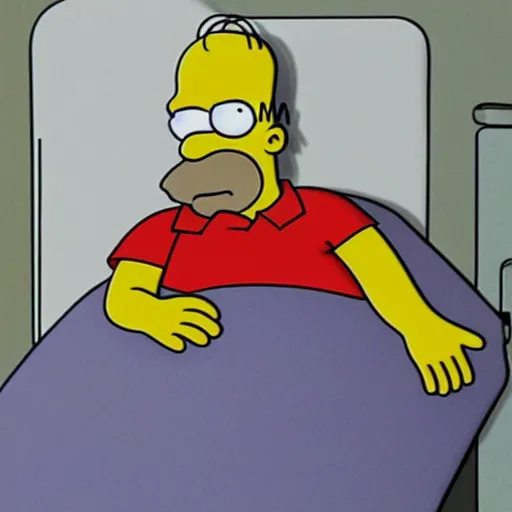 Image similar to homer simpson waving from a hospital bed