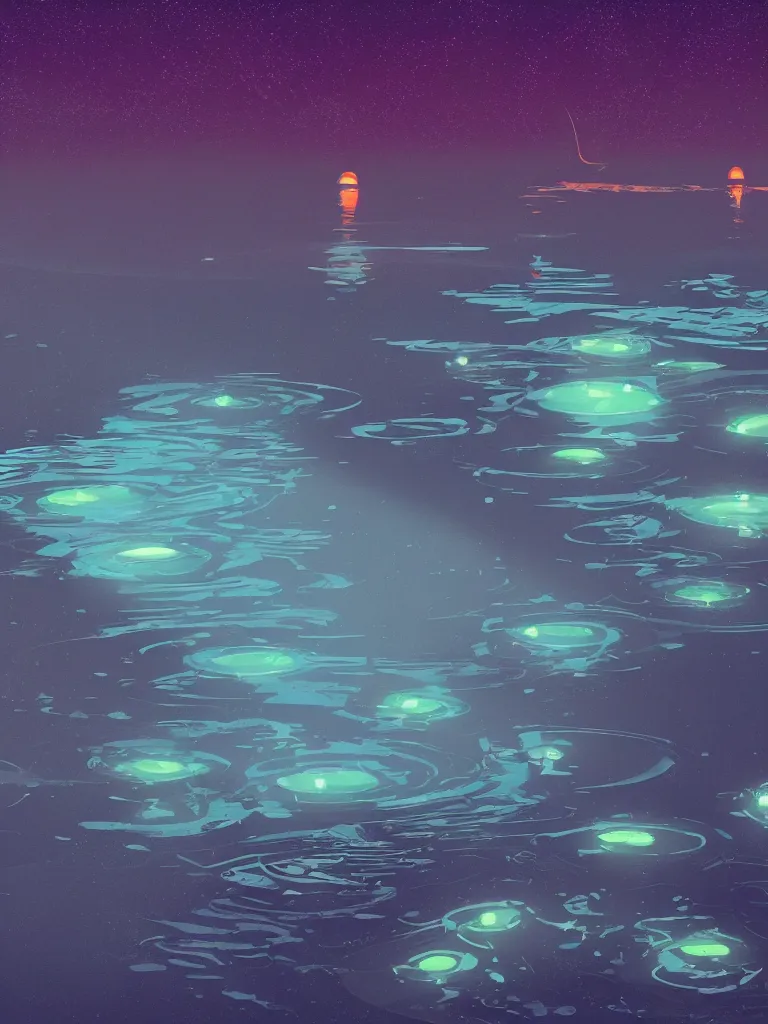 Prompt: neon moons reflected in a pool of water by disney concept artists, blunt borders, rule of thirds