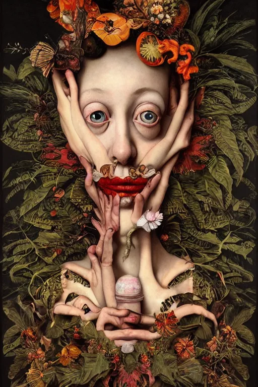 Image similar to Detailed maximalist portrait with large lips and large eyes, exasperated expression with an existential dread of love, botanical, extra hands, HD mixed media, 3D collage, highly detailed and intricate, surreal illustration in the style of Caravaggio, dark art, baroque