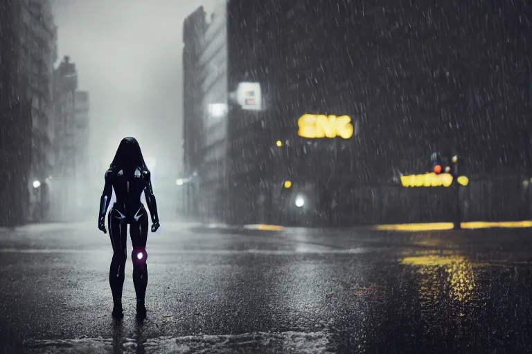 Image similar to vfx marvel sci-fi woman black super hero robot photo real full body action pose, city street cinematic lighting, rain and fog by Emmanuel Lubezki