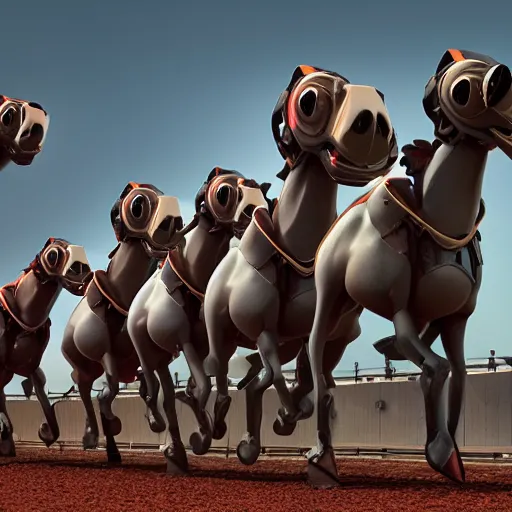 Prompt: “ matte mechanical race horses by l. frank baum, lining up for a race at a race track, octane render, 3 d animated, unreal engine 5, dynamic lighting, hdr, 8 k ”