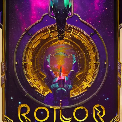 Image similar to Boardgame card back, galaxy, sci-fi, horror, cyberpunk, ornamental edges, sharp, intricate, symmetrical, Lovecraftian, purple, gold, black and blue, tzeentch, by greg rutkowski and alphonse mucha, 8k, trending on artstation, Cenfered-H 768