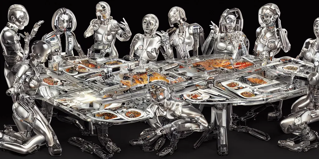 Image similar to !13 diverse cyborgs on !one_side of a reflective !cybernetic table, !!posing_as_last_supper, inticrate detailed glowing implants, !!highly detailed, beautiful lighting