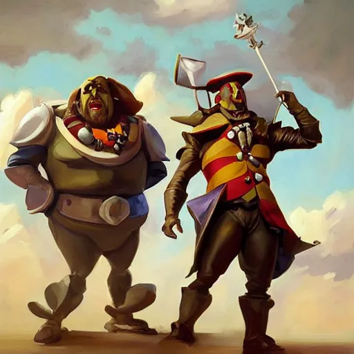 Image similar to greg manchess portrait painting of partially armored tweedles from alice in wonderland as overwatch character, medium shot, asymmetrical, profile picture, organic painting, sunny day, matte painting, bold shapes, hard edges, street art, trending on artstation, by huang guangjian, gil elvgren, ruan jia, randy vargas, greg rutkowski