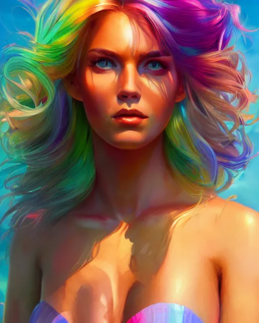 Prompt: summer vibes, beautiful sun tanned goddess portrait, flowy rainbow hair, sun, summer, cinematic lighting, highly detailed, digital painting, trending on artstation, pixiv, concept art, sharp focus, illustration, art by ross tran and wlop