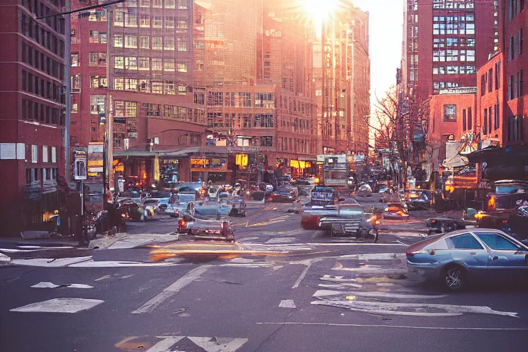 Prompt: “ golden hour light spills over a busy boston street, analog photography, mamiya 7 4 3, portra 8 0 0 ”