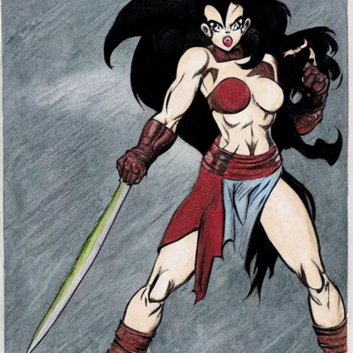 Prompt: Female Saiyan fistfighting Klingon warrior, bloody fistfight, Klingon, drawn by Frank Frazetta