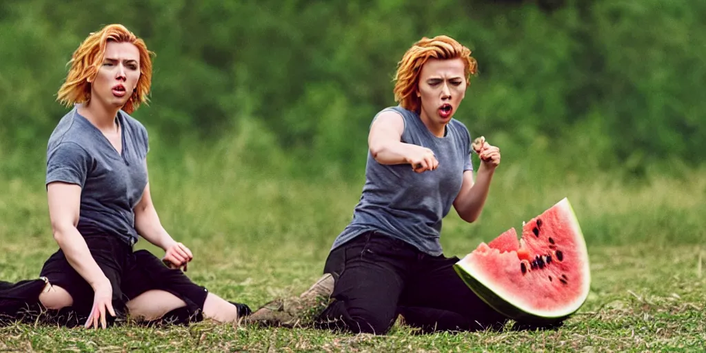 Prompt: scarlett johansson roundhouse kicking and smashing a watermelon, film still, highly detailed, film grain, behind the scenes, photorealism