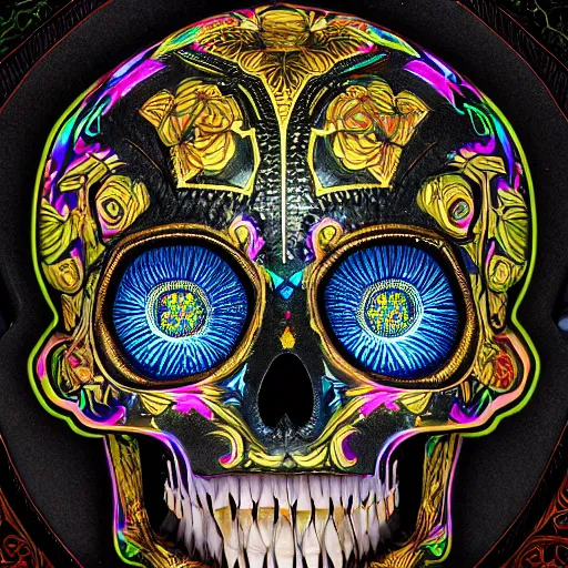 Image similar to a highly detailed photographic render of intricately carved sugar skull, psychedelic, black background, neon light, intricate ornament, gilding, horror, dark fantasy, beautifully lit, ray traced, octane 3D render in the style of Gerald Brom and James Gurney