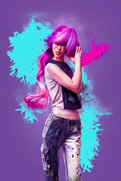 Image similar to a award winning half body porttrait of a beautiful woman in a croptop and cargo pants with ombre purple pink teal hairstyle with head in motion and hair flying, paint splashes, splatter, outrun, vaporware, shaded flat illustration, digital art, trending on artstation, highly detailed, fine detail, intricate