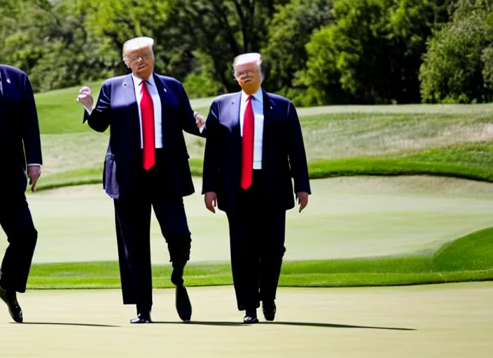 Prompt: front view of a single Donald Trump wearing handcuffs escorted by two young FBI agents wearing uniforms at golf course, photo by Alex Webb, press photo, Reuters media